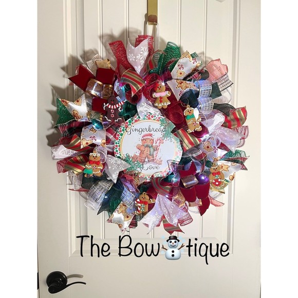 Handmade Gingerbread Love Christmas Holiday Ribbon Door Wreath 22 ins W56 - Picture 2 of 13